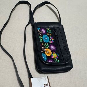 Black Crossbody Phone Bag with Colorful Embroidered Floral Panel